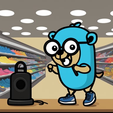 The go blue gopher is shopping for new Adidas and Nike sneakers, holding a loudspeaker in his hands.
