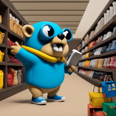 The go blue gopher is shopping for new Adidas and Nike sneakers, holding a loudspeaker in his hands.
