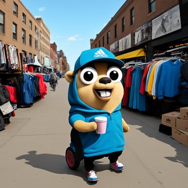 The Go Blue Gopher is shopping for new Adidas and Nike sneakers from a truck.