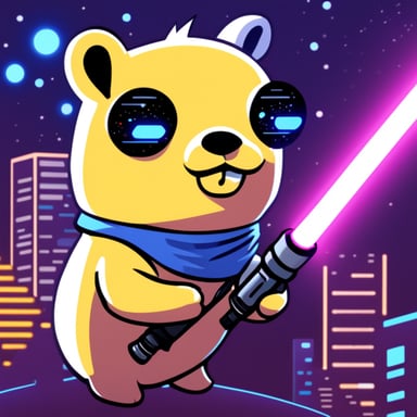 Go Blue Gopher explores the cyberpunk blockchain with a light saber.