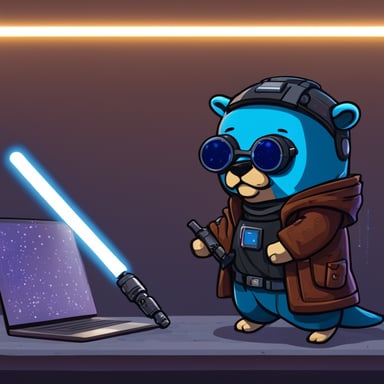 Go Blue Gopher explores the cyberpunk blockchain with a light saber.
