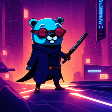 Go Blue Gopher explores the cyberpunk blockchain with a light saber.