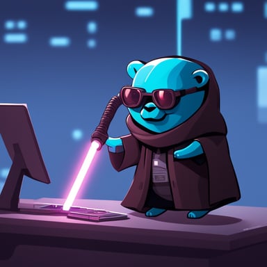 Go Blue Gopher explores the cyberpunk blockchain with a light saber.