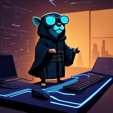 Go Blue Gopher as a Jedi explores the cyberpunk blockchain.