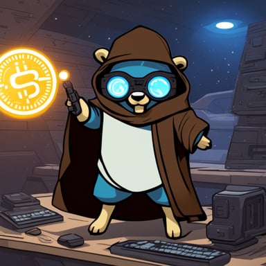 Go Blue Gopher as a Jedi explores the cyberpunk bitcoin.