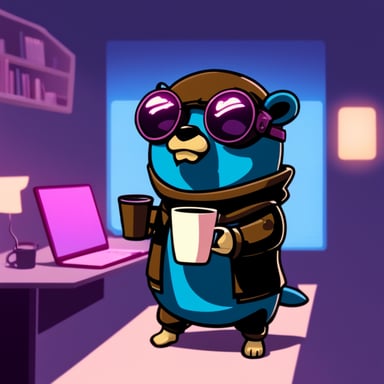 Go Blue Gopher as a cyberpunk ninja holding a cup of coffee