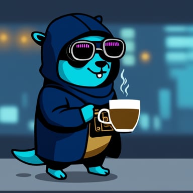 Go Blue Gopher as a cyberpunk ninja holding a cup of coffee