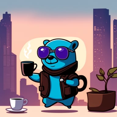 Go Blue Gopher as a cyberpunk ninja holding a cup of coffee