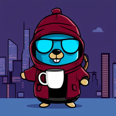 Go Blue Gopher as a cyberpunk ninja holding a cup of coffee