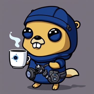 Go Blue Gopher, a cyberpunk ninja, holds a single cup of coffee.