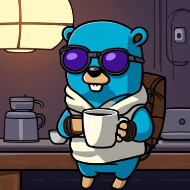 Go Blue Gopher, a cyberpunk ninja, holds a single cup of coffee.