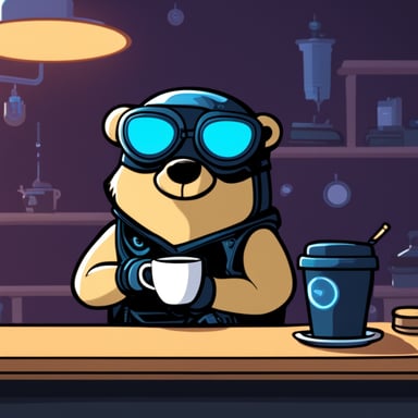 Go Blue Gopher, a cyberpunk ninja, holds a single cup of coffee.