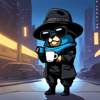 Go Blue Gopher, a cyberpunk ninja, holds a single cup of coffee.