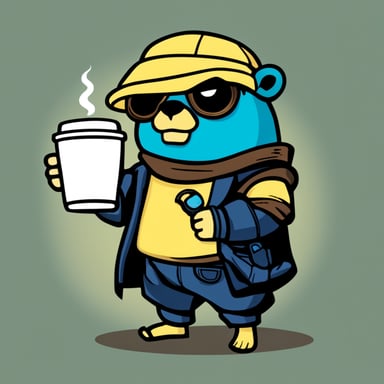 Go Blue Gopher, a cyberpunk ninja, holds a cup of coffee with his right hand and nothing in his left hand.