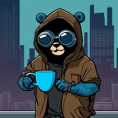 Go Blue Gopher, a cyberpunk ninja, holds a cup of coffee with his right hand and nothing in his left hand.