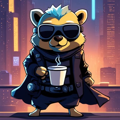 Go Blue Gopher, a cyberpunk ninja, holds a cup of coffee with his right hand and nothing in his left hand.