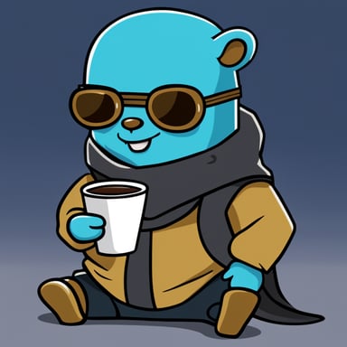 Go Blue Gopher, a cyberpunk ninja, holds a cup of coffee with his right hand and nothing in his left hand.