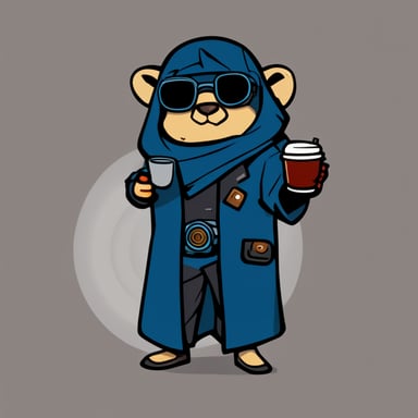 Go Blue Gopher, a cyberpunk ninja, holds a cup of coffee with his left hand and nothing in his right hand.