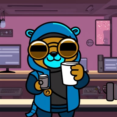 Go Blue Gopher, a cyberpunk ninja, holds a cup of coffee with his left hand and nothing in his right hand.