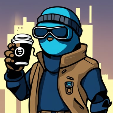 Go Blue Gopher, a cyberpunk ninja, holds a cup of coffee with his left hand and nothing in his right hand.