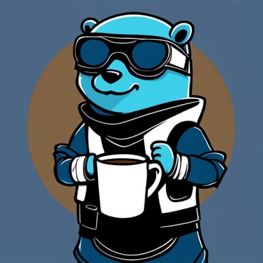 Go Blue Gopher, a cyberpunk ninja, holds a cup of coffee with his left hand and nothing in his right hand.