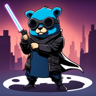 Go Blue Gopher, a cyberpunk ninja, holds a light saber with his right hand and nothing in his left hand.