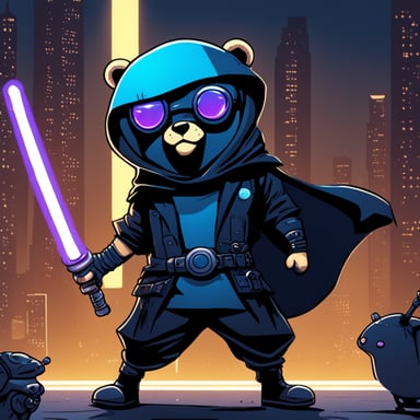 Go Blue Gopher, a cyberpunk ninja, holds a light saber with his right hand and nothing in his left hand.