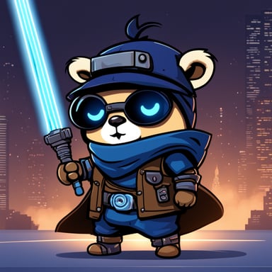 Go Blue Gopher, a cyberpunk ninja, holds a light saber with his right hand and nothing in his left hand.