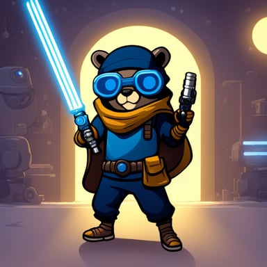 Go Blue Gopher, a cyberpunk ninja, holds a light saber with his right hand and nothing in his left hand.