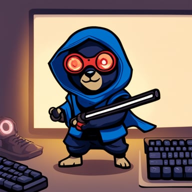 Go Blue Gopher, a cyberpunk ninja, holds a light saber with his right hand and a keyboard in his left hand.