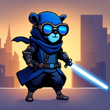 Go Blue Gopher, a cyberpunk ninja, holds a light saber with his right hand and a keyboard in his left hand.