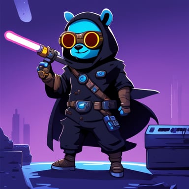 Go Blue Gopher, a cyberpunk ninja, holds a light saber with his right hand and a keyboard in his left hand.