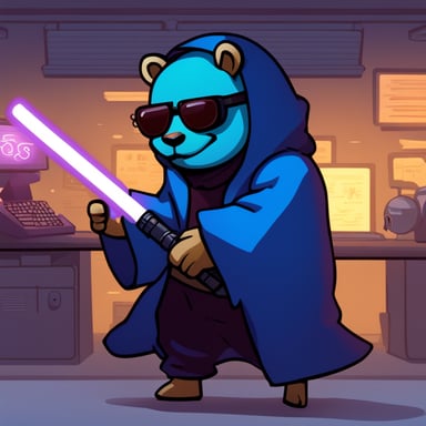 Go Blue Gopher, a cyberpunk ninja, holds a light saber with his right hand and a keyboard in his left hand.