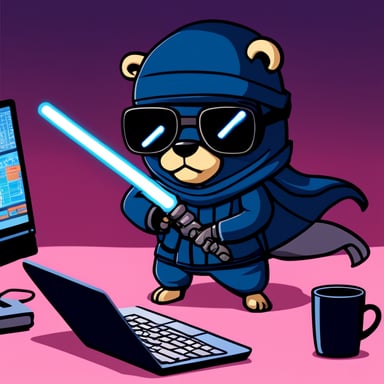 Go Blue Gopher, a cyberpunk ninja, holds a light saber with his right hand and a computer keyboard under his left arm.