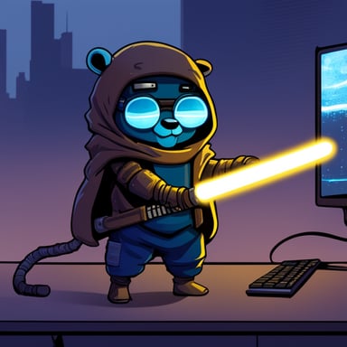 Go Blue Gopher, a cyberpunk ninja, holds a light saber with his right hand and a computer keyboard under his left arm.