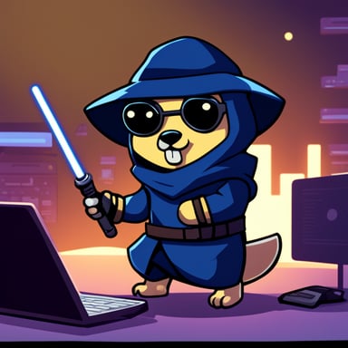 Go Blue Gopher, a cyberpunk ninja, holds a light saber with his right hand and a computer keyboard under his left arm.
