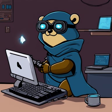 Go Blue Gopher, a cyberpunk ninja, holds a light saber with his right hand and a computer keyboard under his left arm.