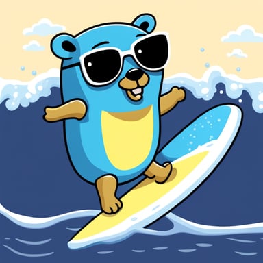 A go blue gopher with a tiny surfboard, ready to catch the waves.