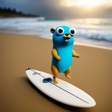 A go blue gopher with a tiny surfboard, ready to catch the waves.