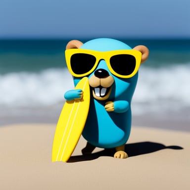 A go blue gopher with a tiny surfboard, ready to catch the waves.