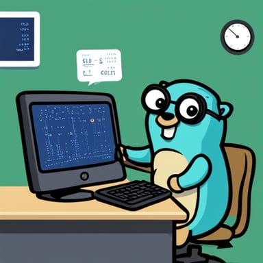 Go Blue Gopher is analyzing data for anomalies in front of a computer.
