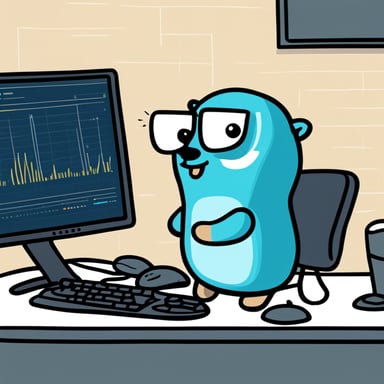 A hand-drawn Go Blue Gopher in front of a computer analyzing data for anomalies.