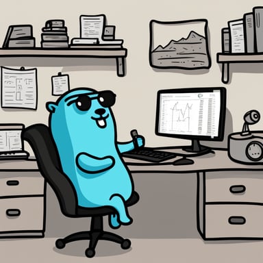A hand-drawn Go Blue Gopher in front of a computer analyzing data for anomalies.