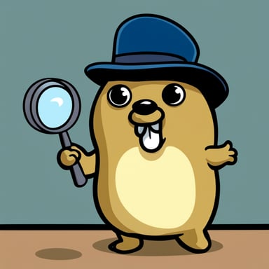 A go blue gopher wearing a detective's magnifying glass searches for clues with an exaggeratedly serious expression.
