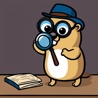 A go blue gopher wearing a detective's magnifying glass searches for clues with an exaggeratedly serious expression.