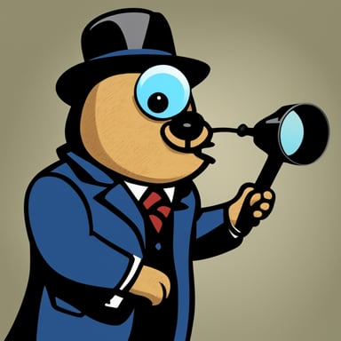 A go blue gopher wearing a detective's magnifying glass searches for clues with an exaggeratedly serious expression.