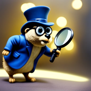 A go blue gopher wearing a detective's magnifying glass searches for clues with an exaggeratedly serious expression.