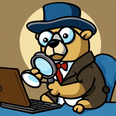 A go blue gopher as Sherlock Holmes, magnifying glass in hand, intently searches for clues on the computer screen, with a comically serious expression.