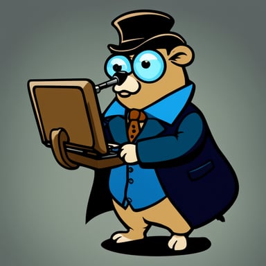 A go blue gopher as Sherlock Holmes, magnifying glass in hand, intently searches for clues on the computer screen, with a comically serious expression.