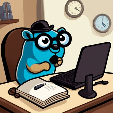 A go blue gopher as Sherlock Holmes, magnifying glass in hand, intently searches for clues on the computer screen, with a comically serious expression.